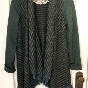 Saturday Sunday open front cardigan. Forest green with gray stripes. Medium.